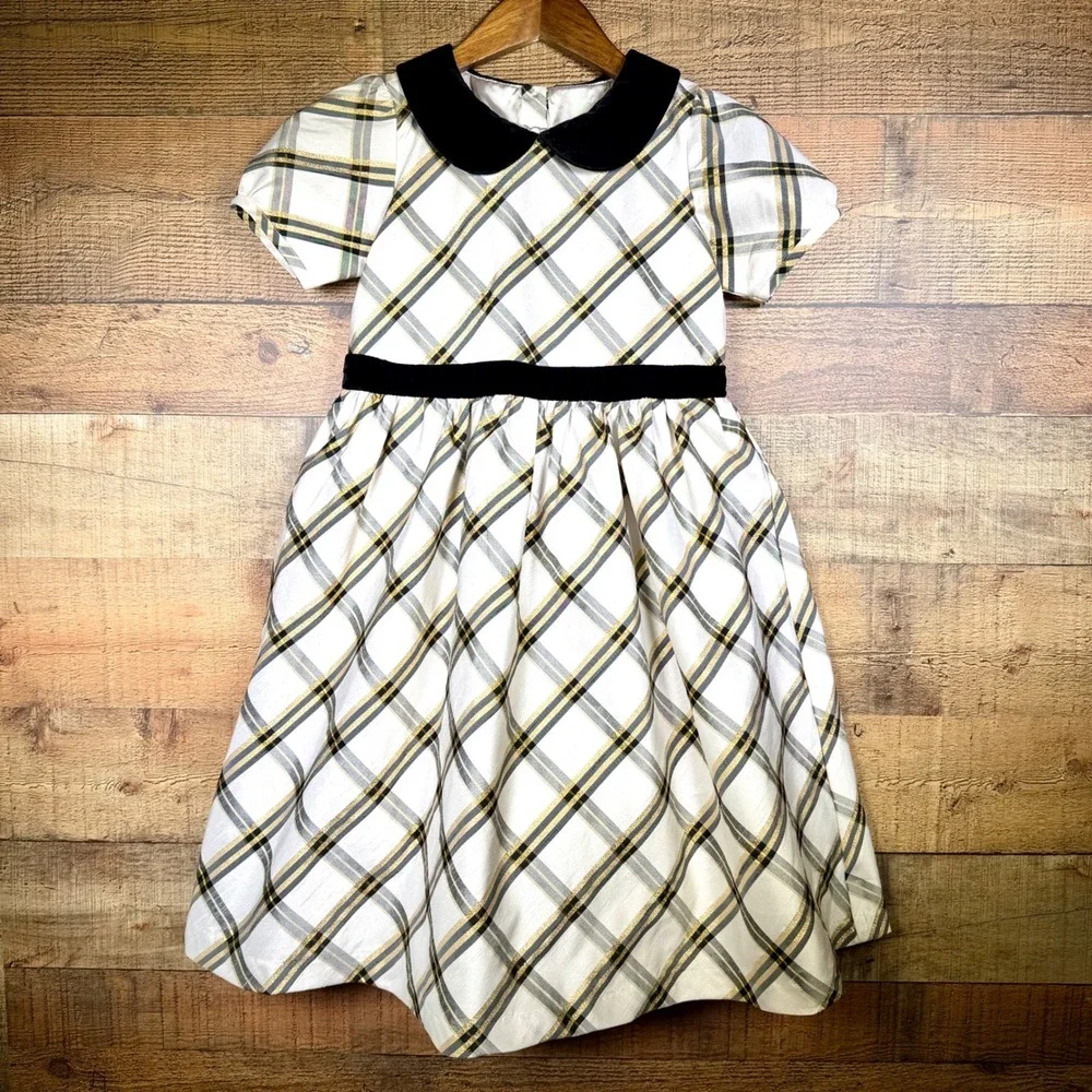 Gymboree Plaid Holiday Dress Gold Metallic Velvet Collar Ivory Black Size 10